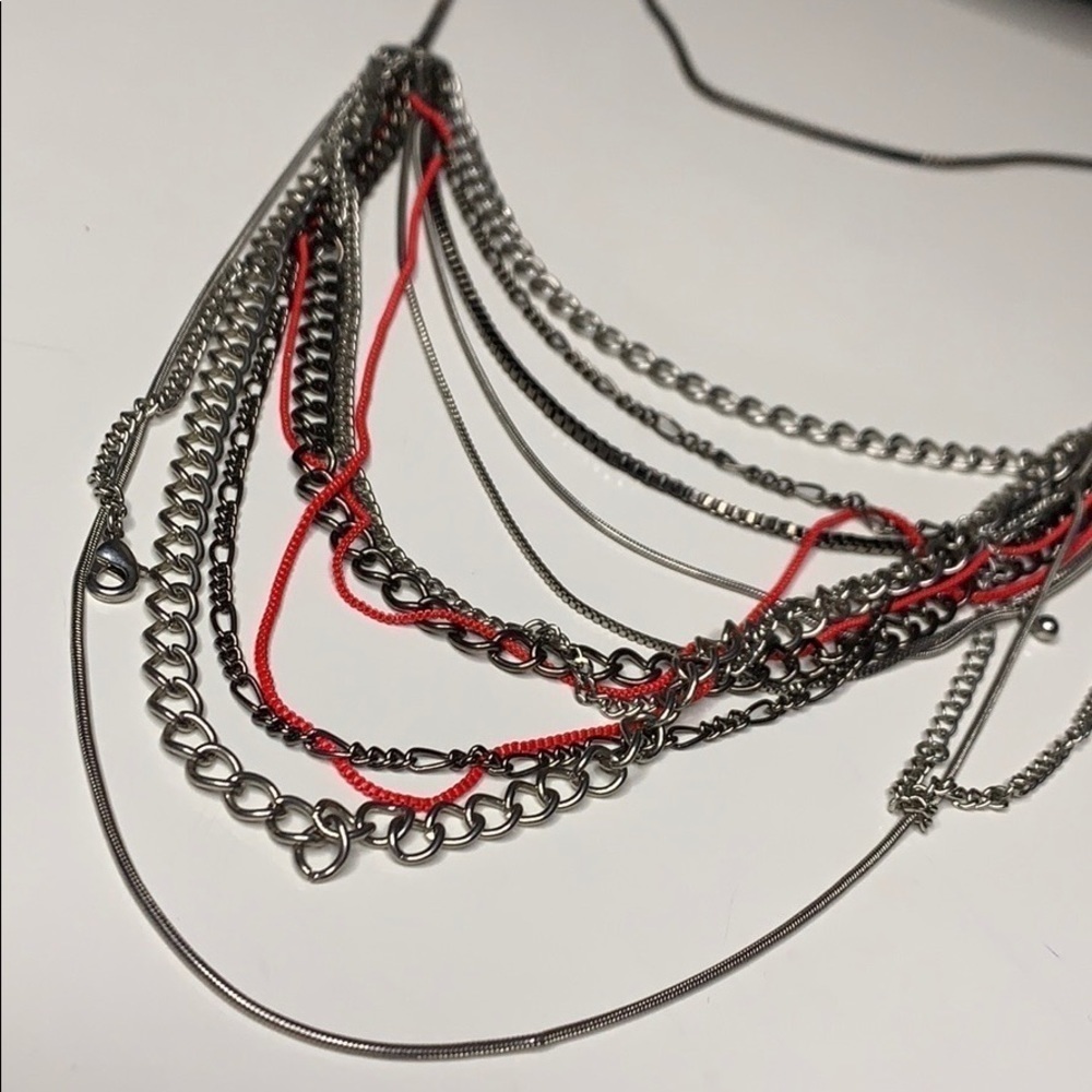 Metal Layered Silver 11 Chain metal Rock Necklace hot pink artisan made